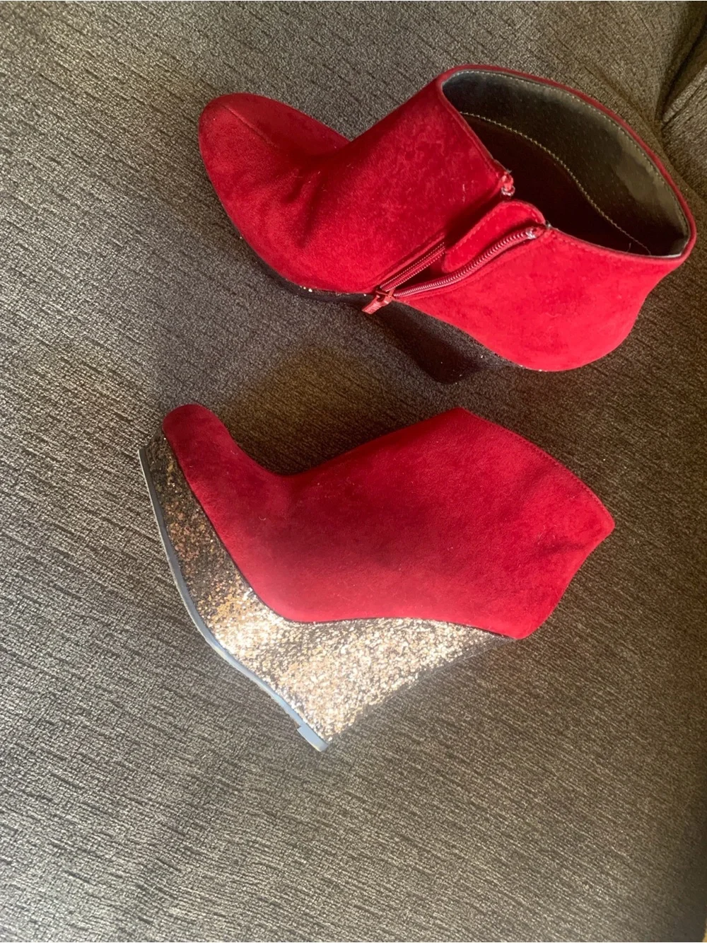 Michael Antonio Red Suede Ankle Wedges with Gold Glitter Heel